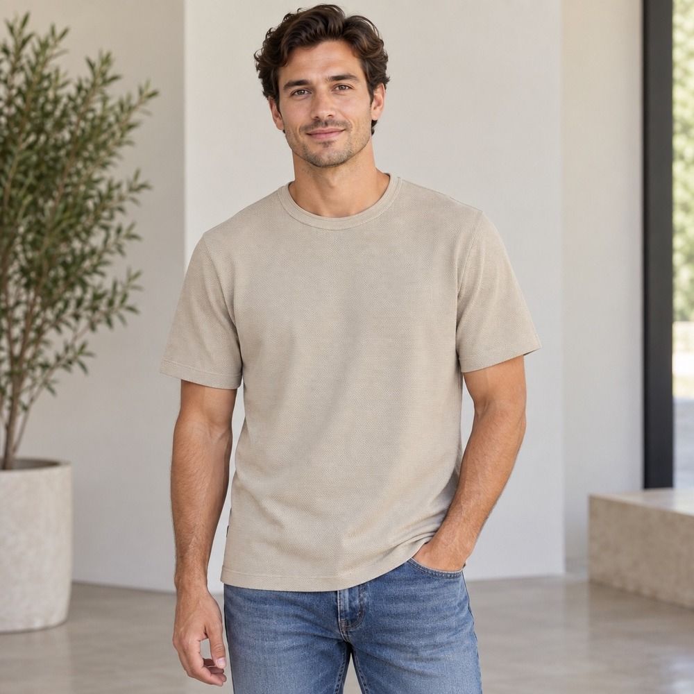BOSS Hugo Boss T-Shirt Mens XL Beige Waffle Knit Textured Short Sleeve Crew Neck